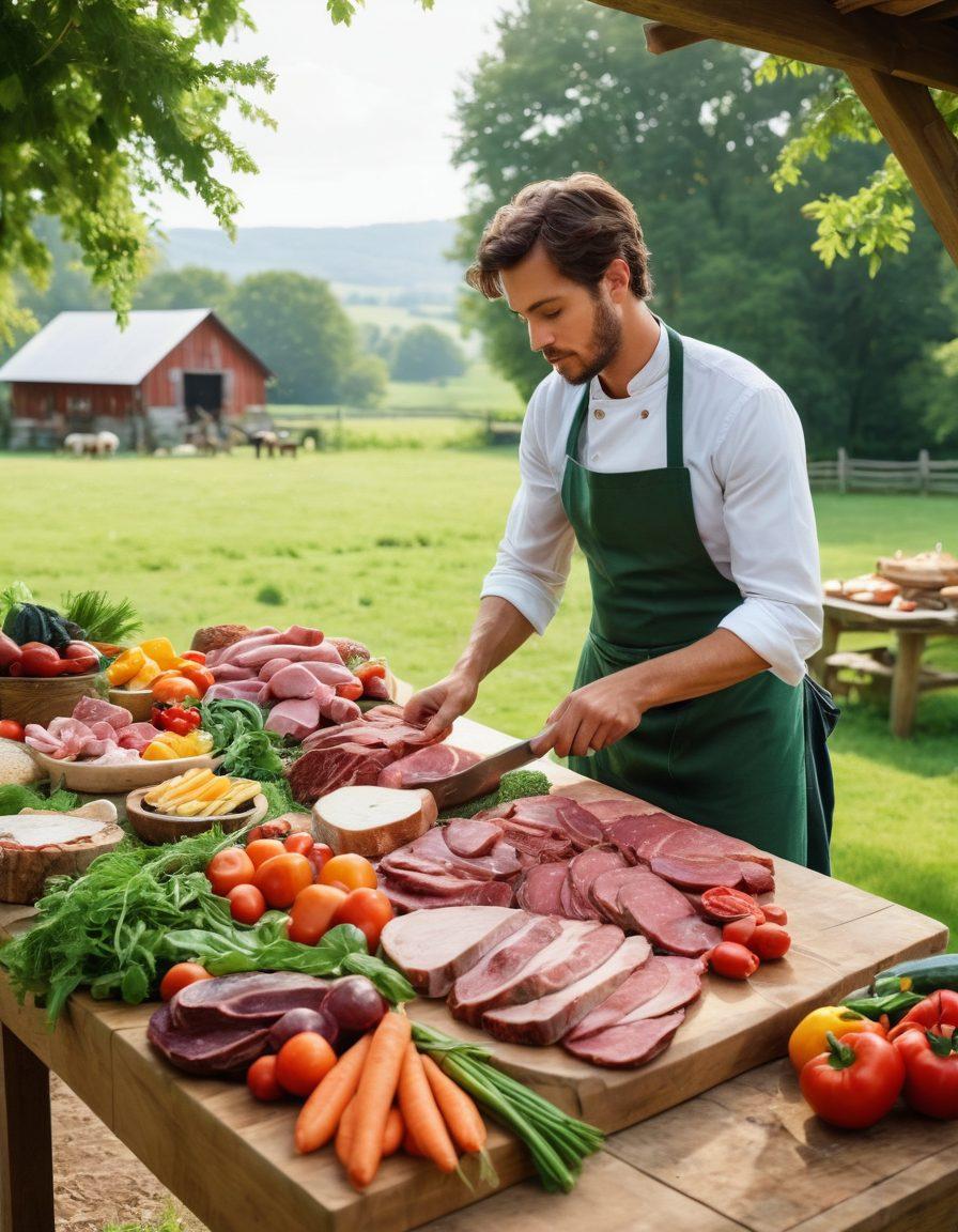 A rustic wooden table overflowing with an array of fresh, artisan meats and colorful vegetables, set against a backdrop of a lush green farm landscape. A butcher in an apron carefully prepares a cut of meat, showcasing sustainable practices, while nearby, farm animals roam freely. Gentle sunlight bathes the scene, emphasizing the connection between farm and table. The atmosphere conveys wholesomeness, community, and the joy of fresh, sustainable food. super-realistic. vibrant colors. warm lighting.